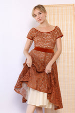 1950s Copper Lace Velvet Dress XS