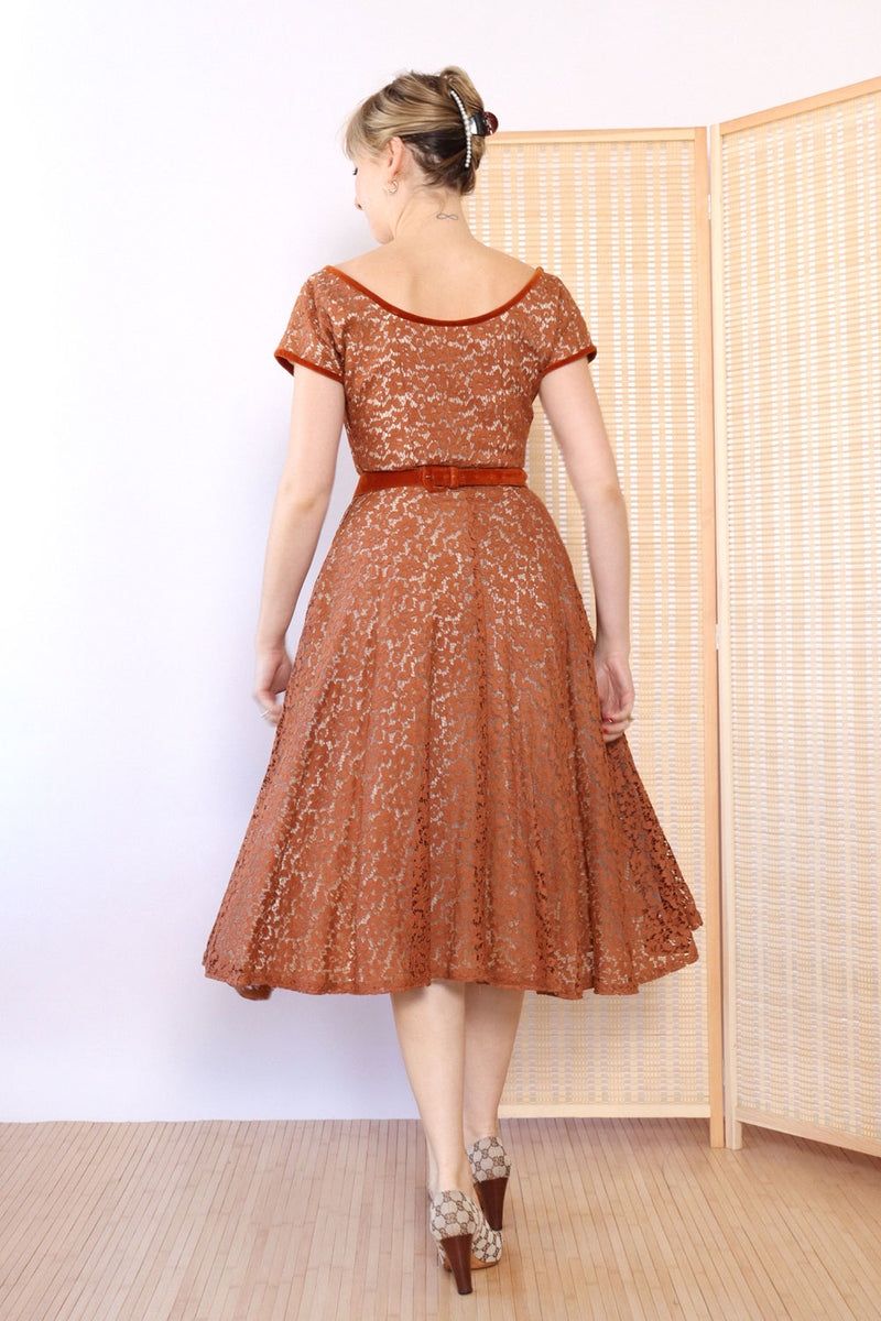 1950s Copper Lace Velvet Dress XS 1950s Copper Lace Velvet Dress XS