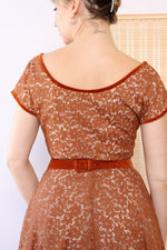 1950s Copper Lace Velvet Dress XS