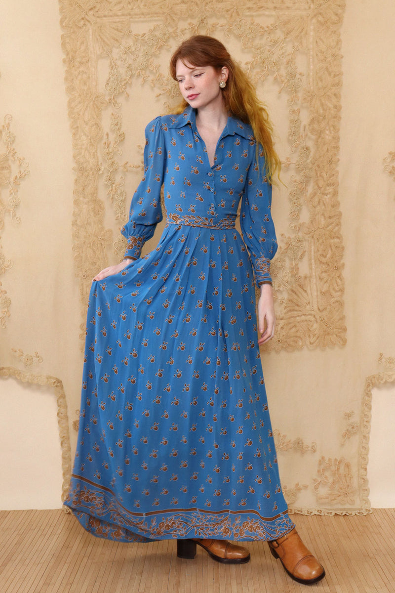 1940s Cornflower Blue Rayon Maxi XXS