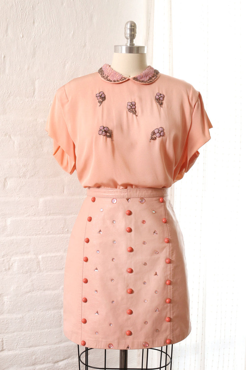 Bedazzled Bubblegum Leather Mini Skirt S/M