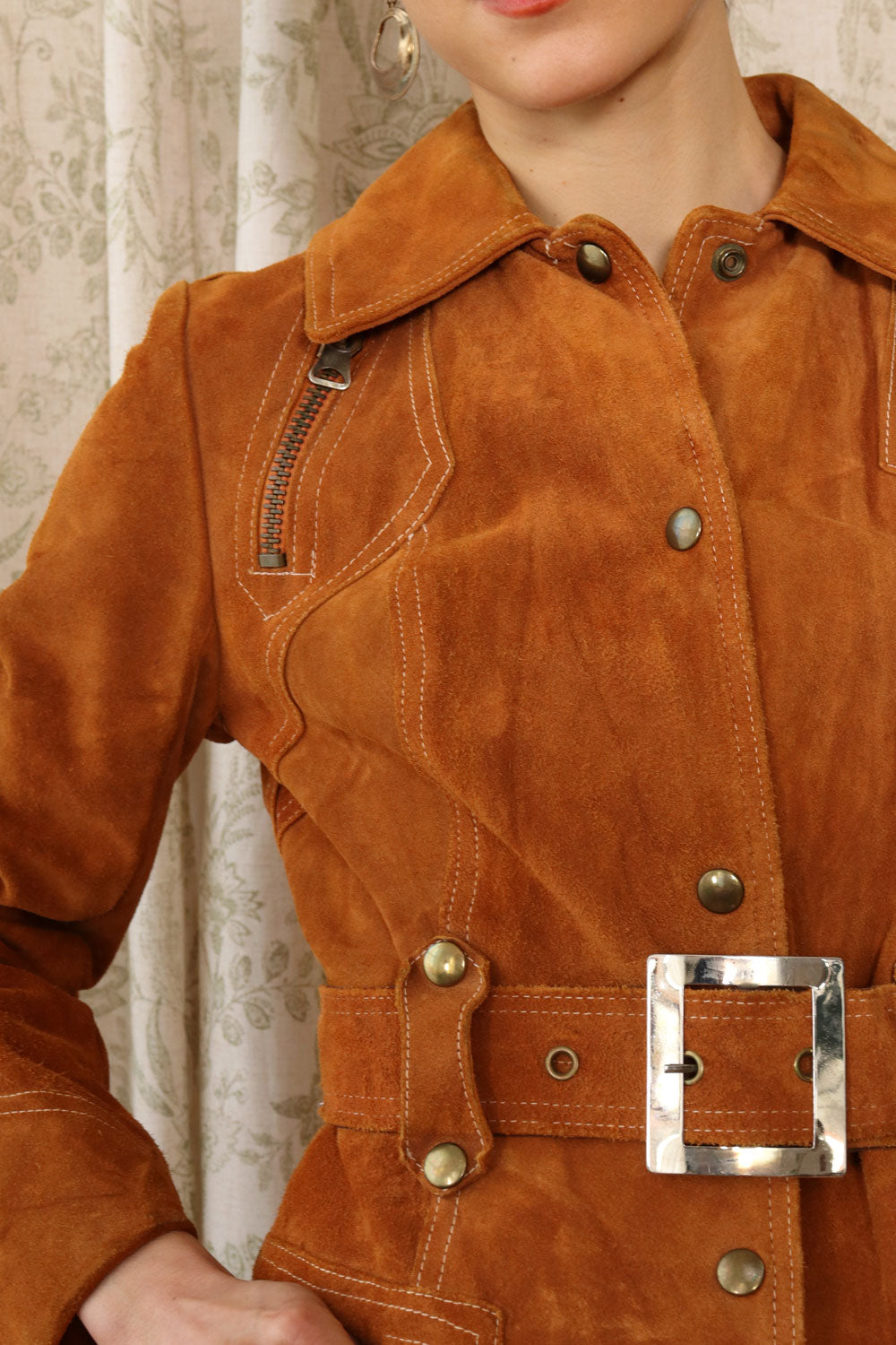 Cognac Suede Zip and Buckle Trench XS