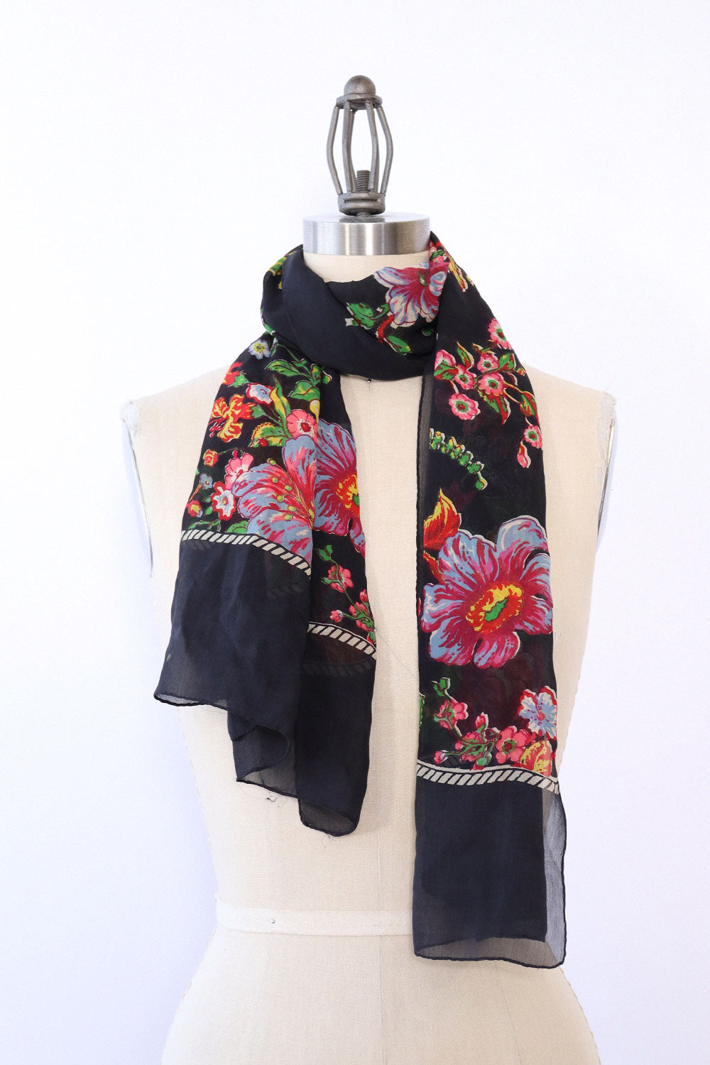 Black Silk Chiffon Floral Scarf