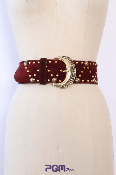 Burgundy Suede Studded Belt 24-29 display picture 1