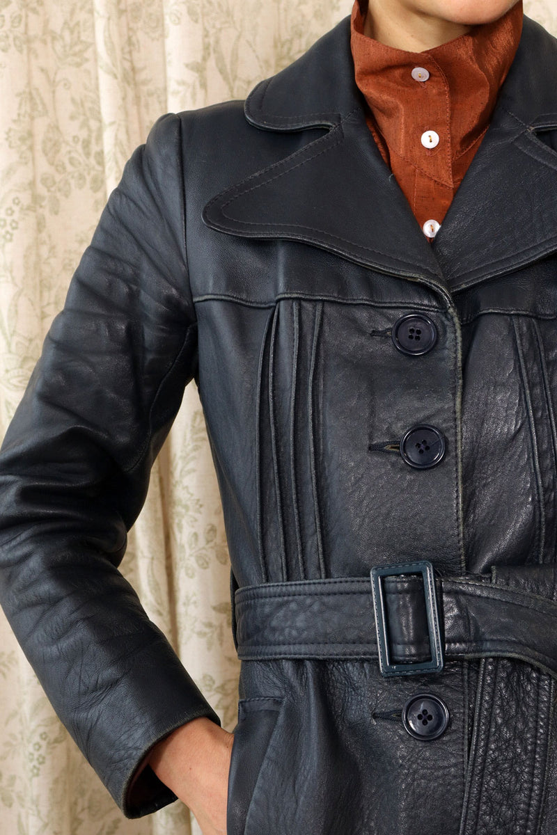 Midnight Leather 70s Belted Jacket XS