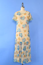 1930s Floral Chiffon Tea Dress XS