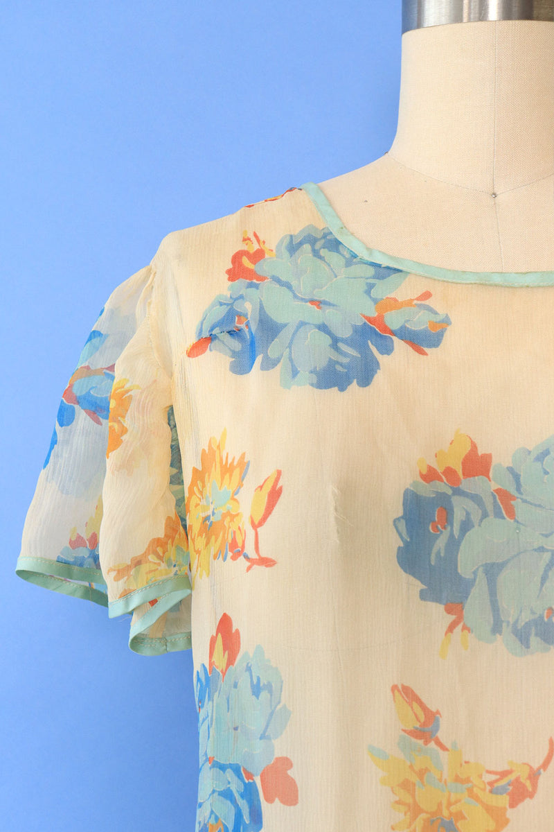 1930s Floral Chiffon Tea Dress XS