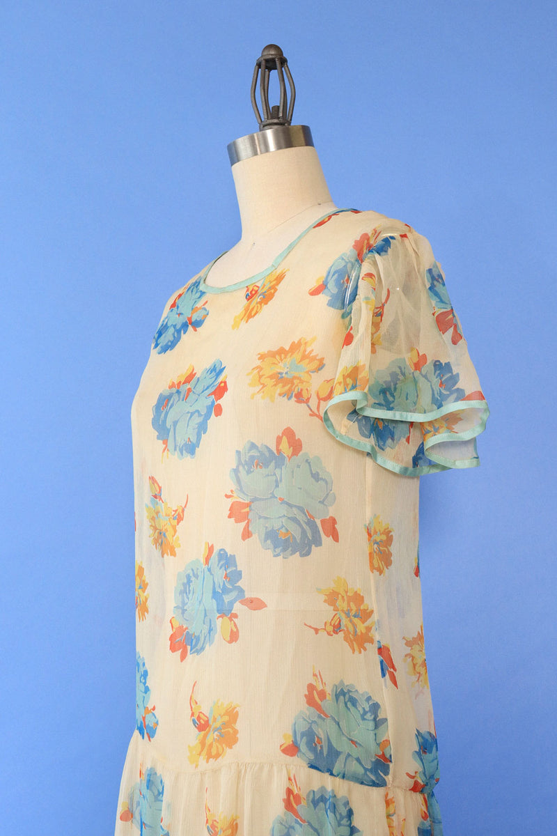 1930s Floral Chiffon Tea Dress XS