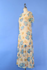1930s Floral Chiffon Tea Dress XS