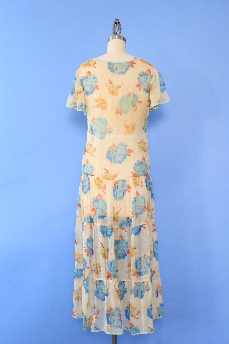 1930s Floral Chiffon Tea Dress XS