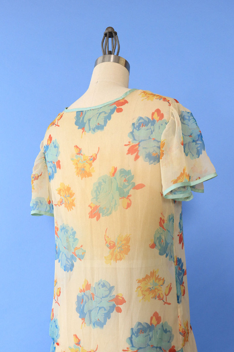 1930s Floral Chiffon Tea Dress XS