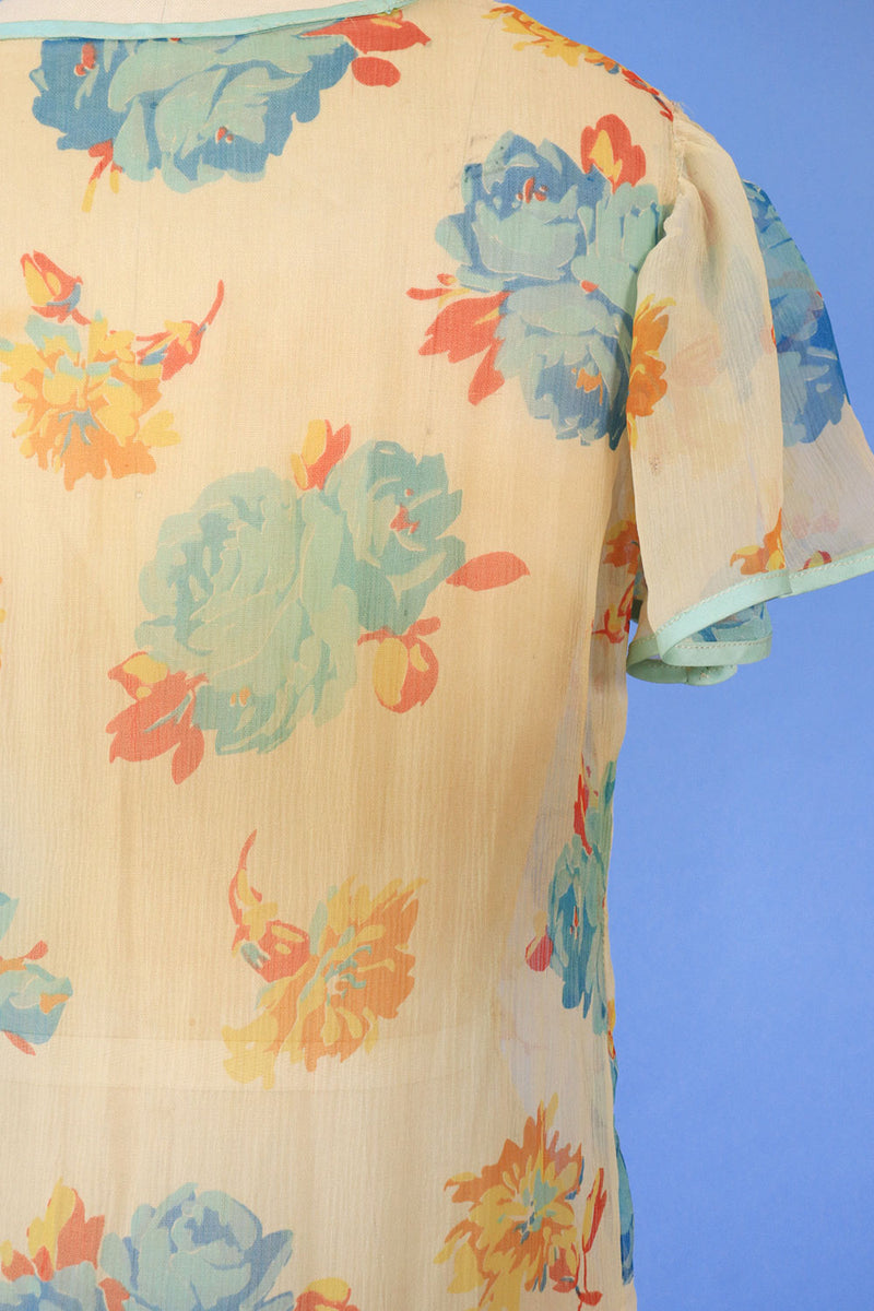 1930s Floral Chiffon Tea Dress XS