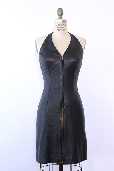 Zip Up Leather Halter Dress S OMNIA