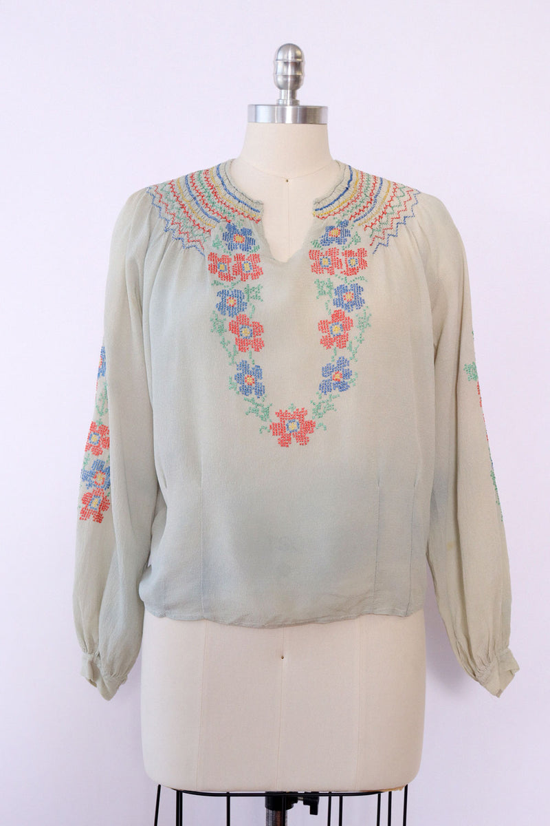 Cross Stitch Floral Peasant Blouse M