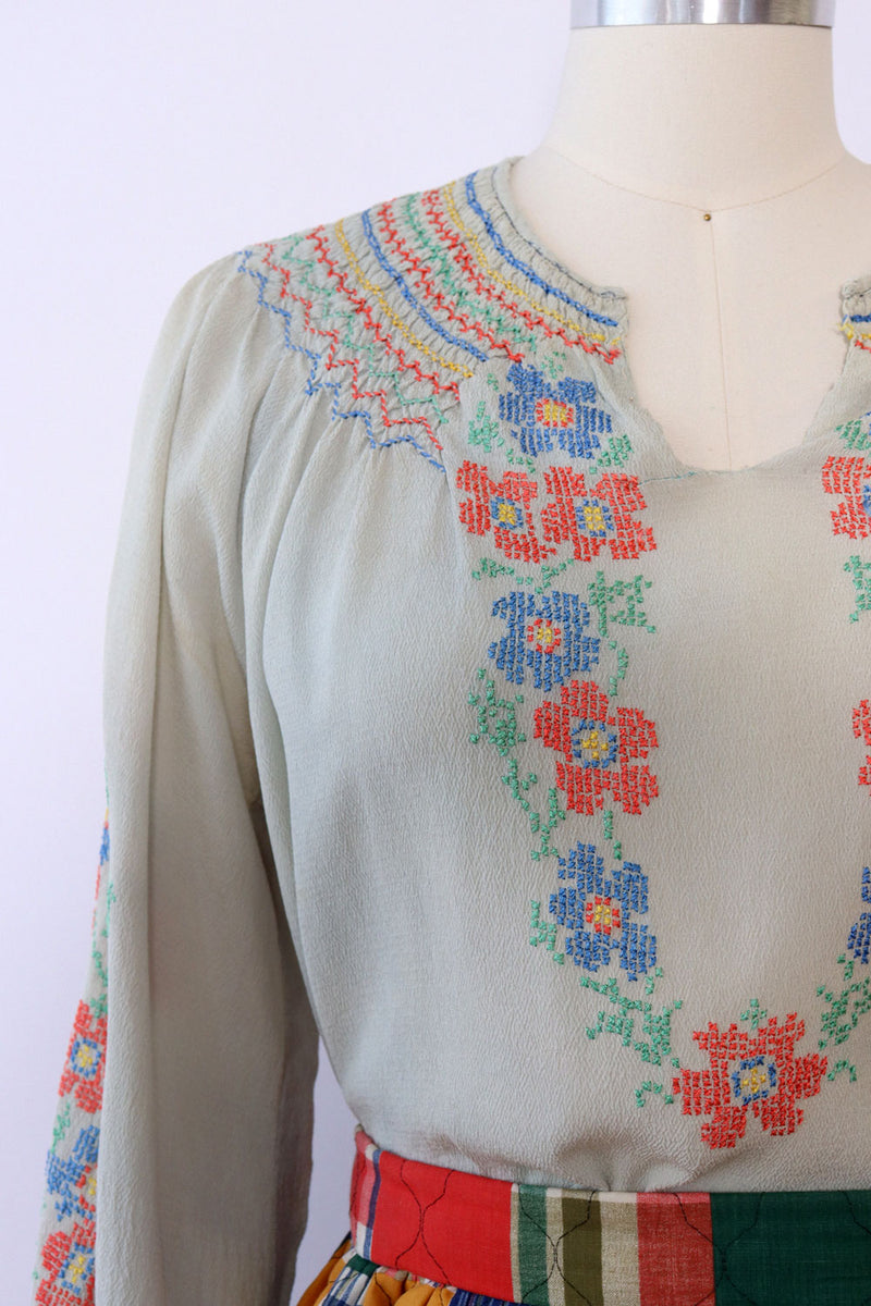 Cross Stitch Floral Peasant Blouse M