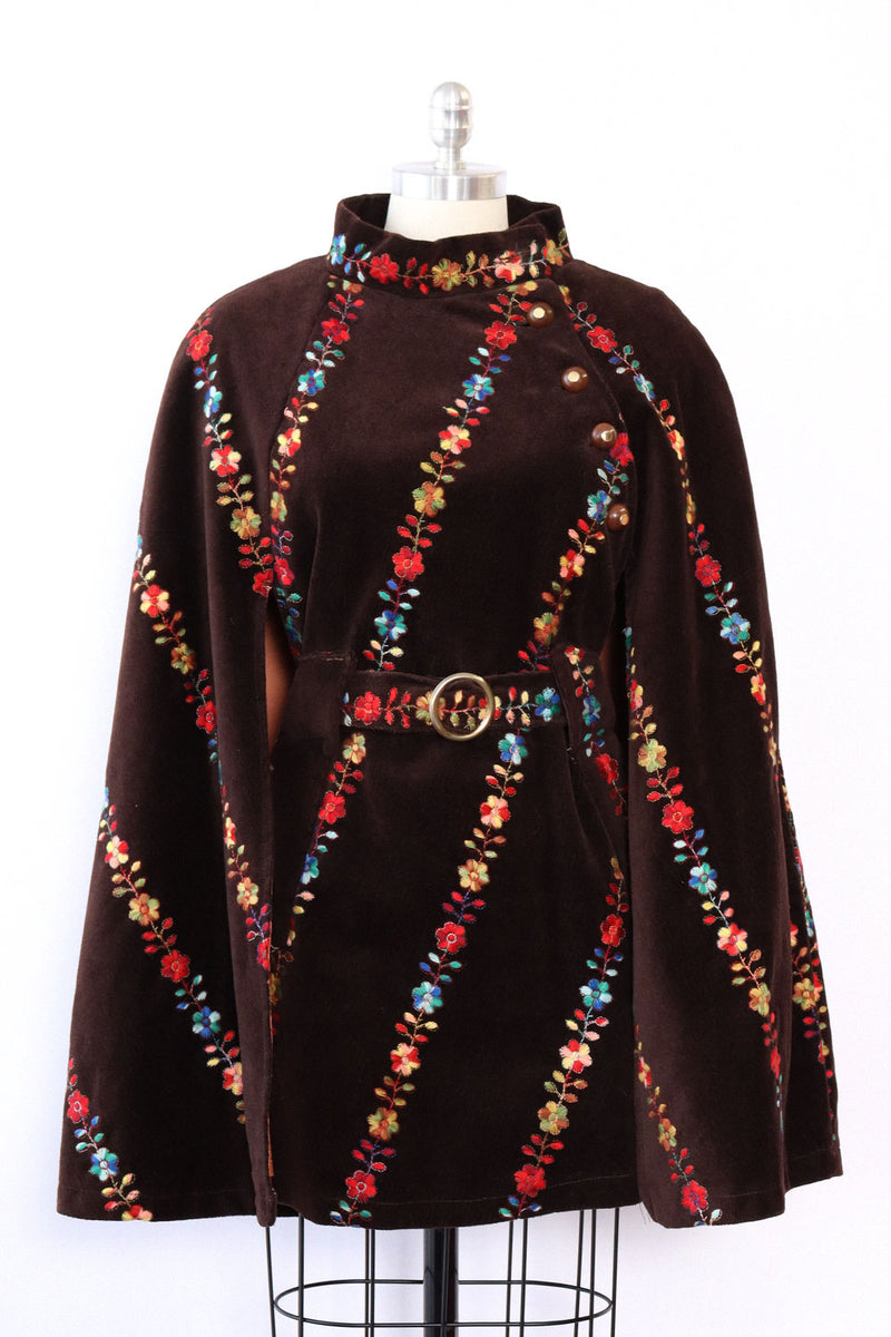 Cocoa Folk Floral Embroidered Cape S-L