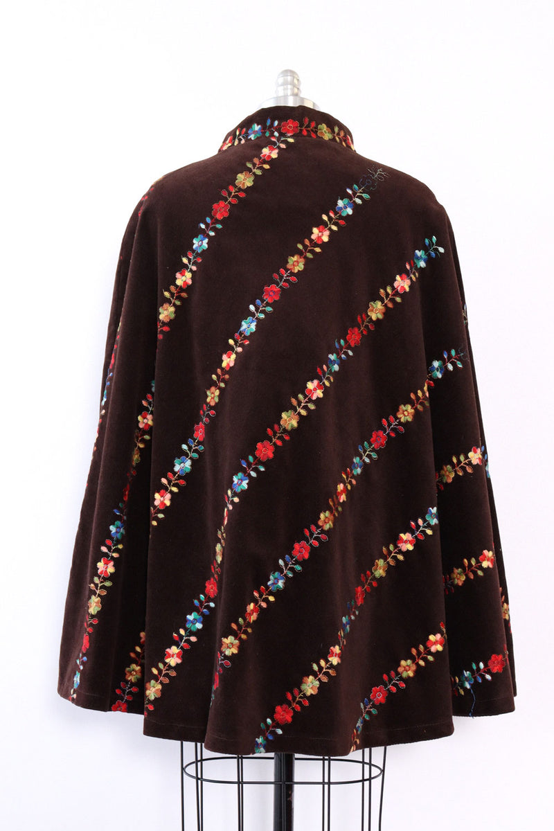 Cocoa Folk Floral Embroidered Cape S-L