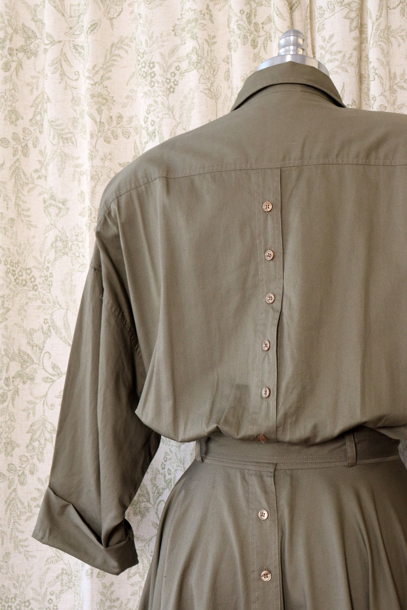 Olive Cotton Buttonback Flare Dress L