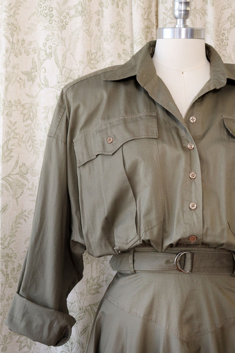 Olive Cotton Buttonback Flare Dress L