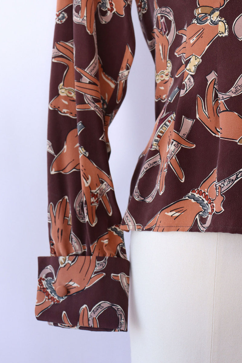 Nick & Nora Silk Notes Novelty Blouse S