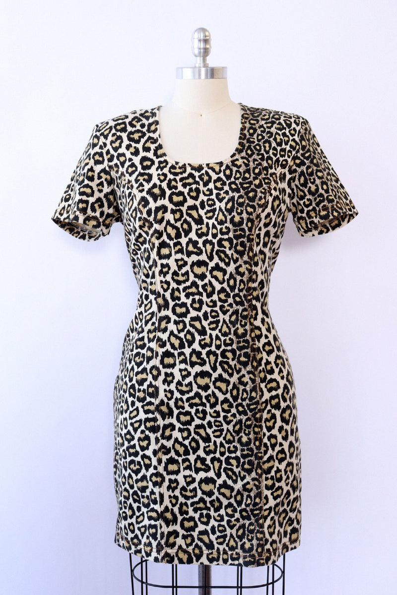 leopard denim dress Leopard Bodycon Denim Dress M – OMNIA