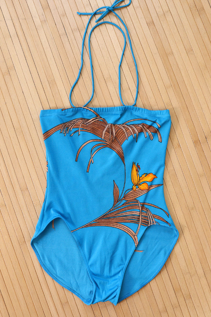1970s Bright Blue Botanical One Piece XS/S