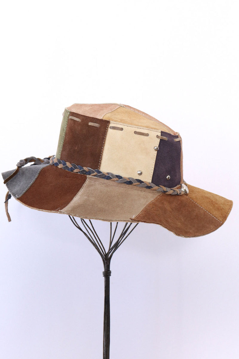 Patchwork Leather Braided Tassel Hat