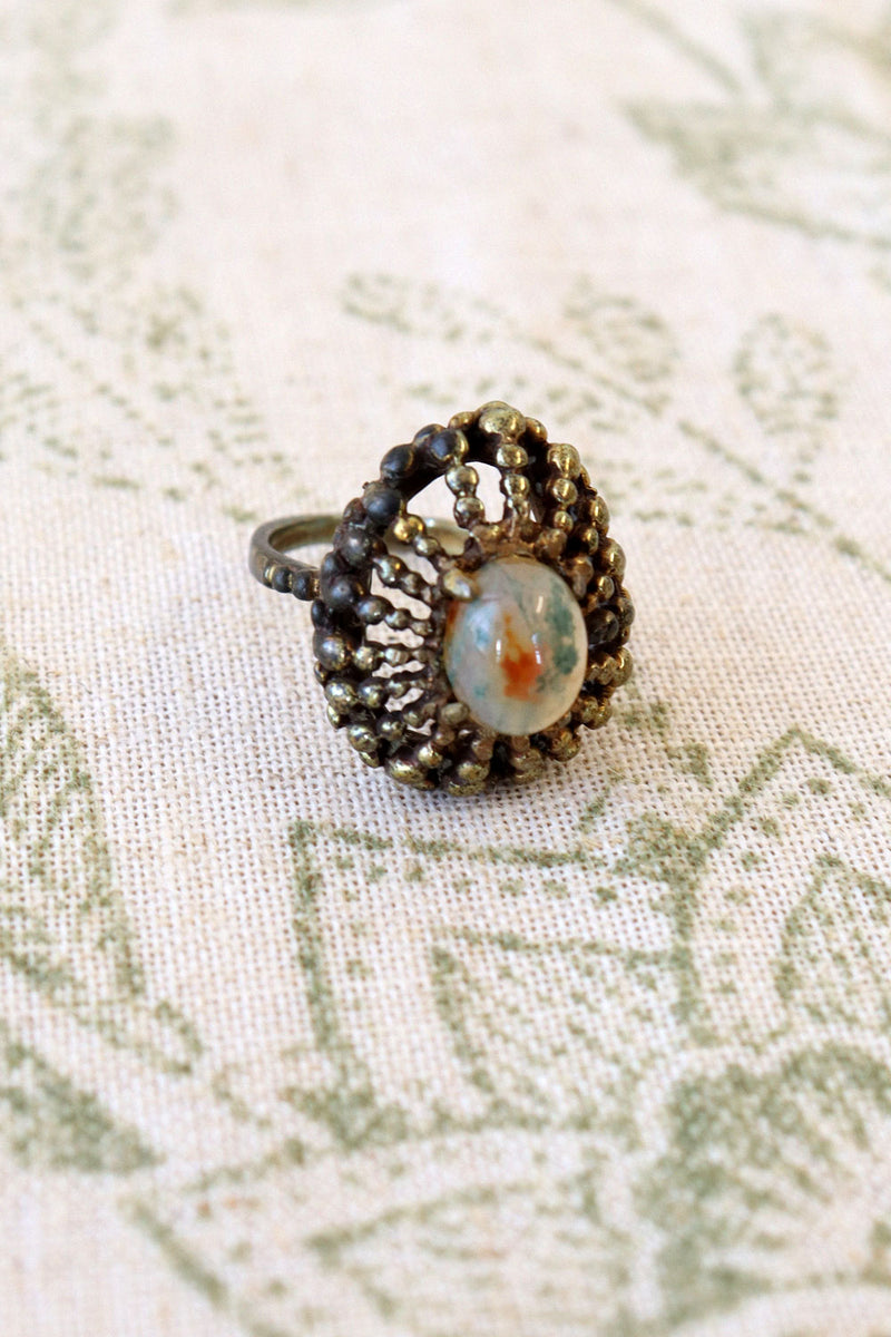 Brutalist Brass Cage Opalescent Ring