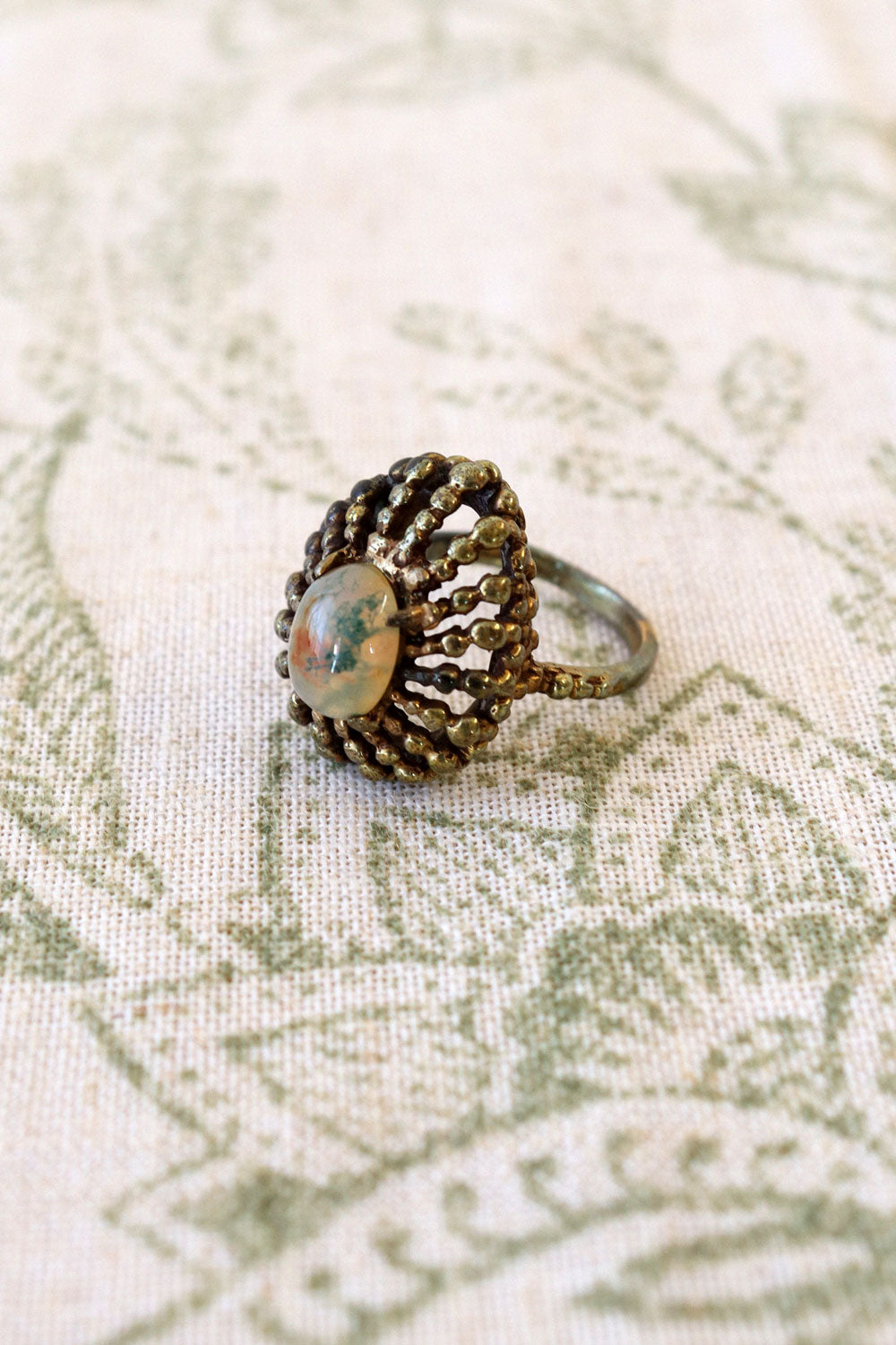 Brutalist Brass Cage Opalescent Ring