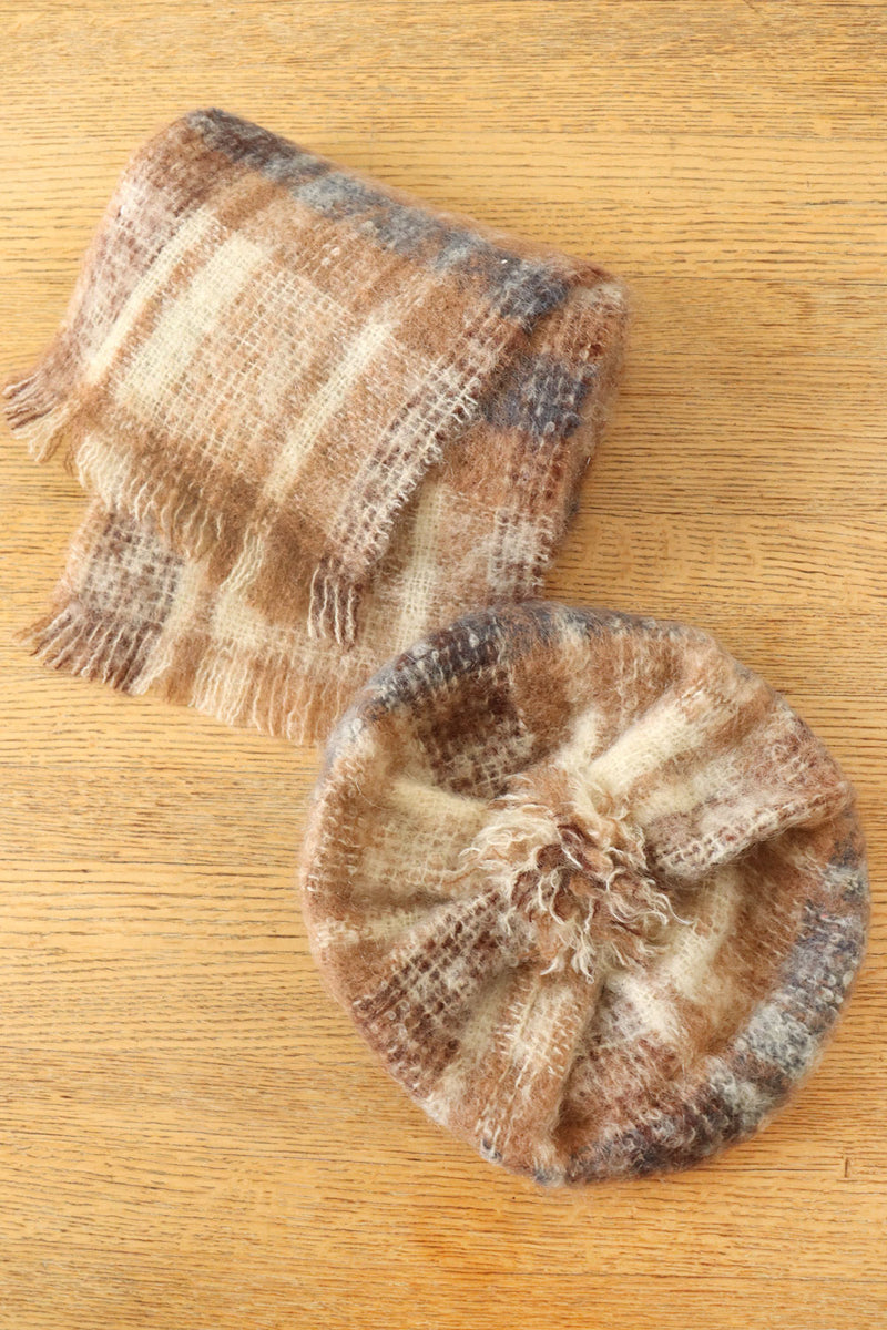 Donegal Mohair Latte Plaid Cap & Scarf Set
