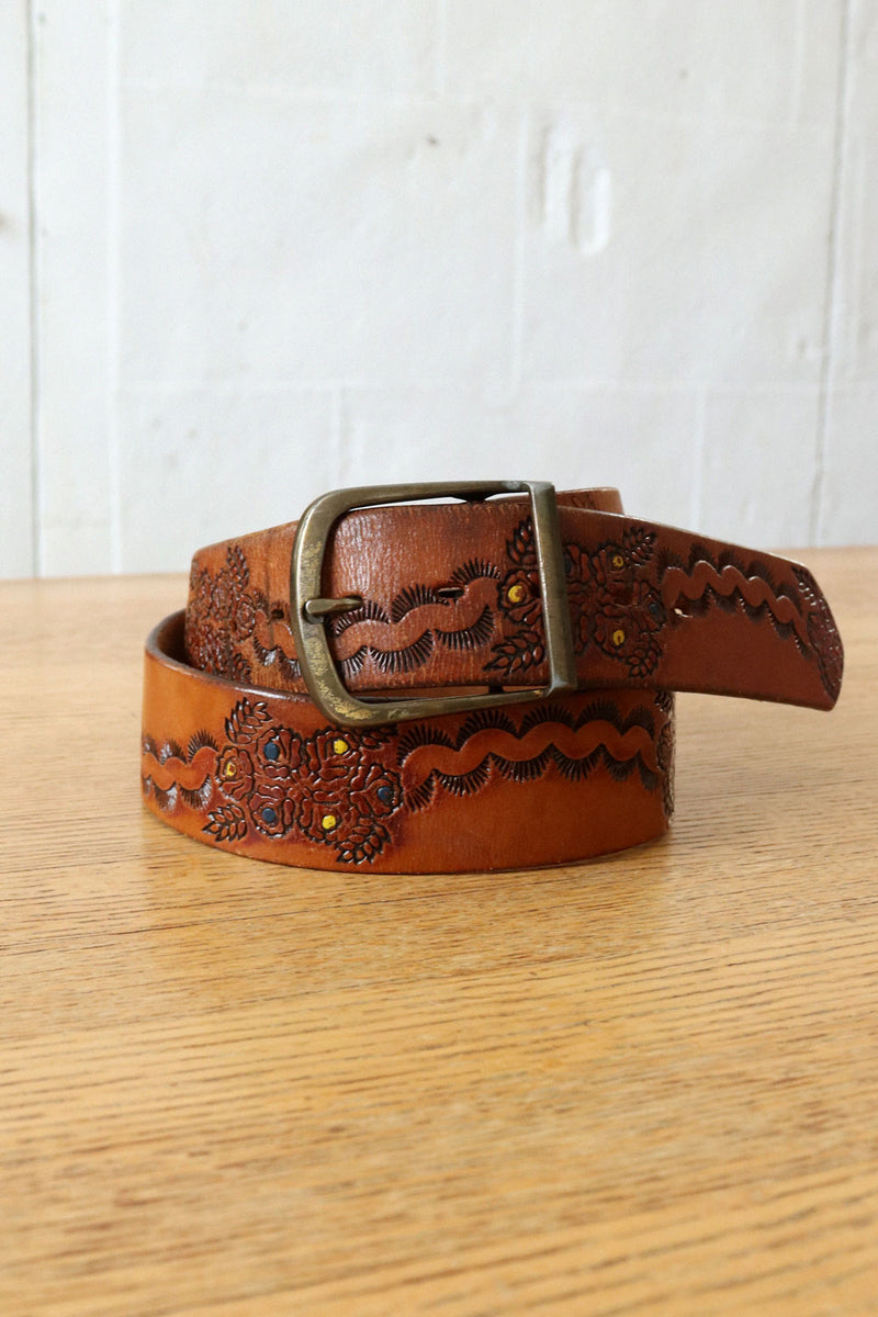 Hand Tooled Bouquet Leather Belt