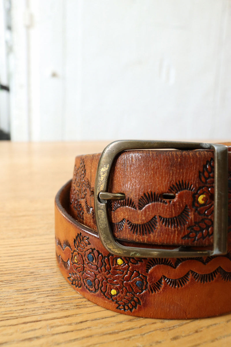 Hand Tooled Bouquet Leather Belt