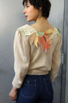 Handpainted Suede Trim Cream Sweater S/M