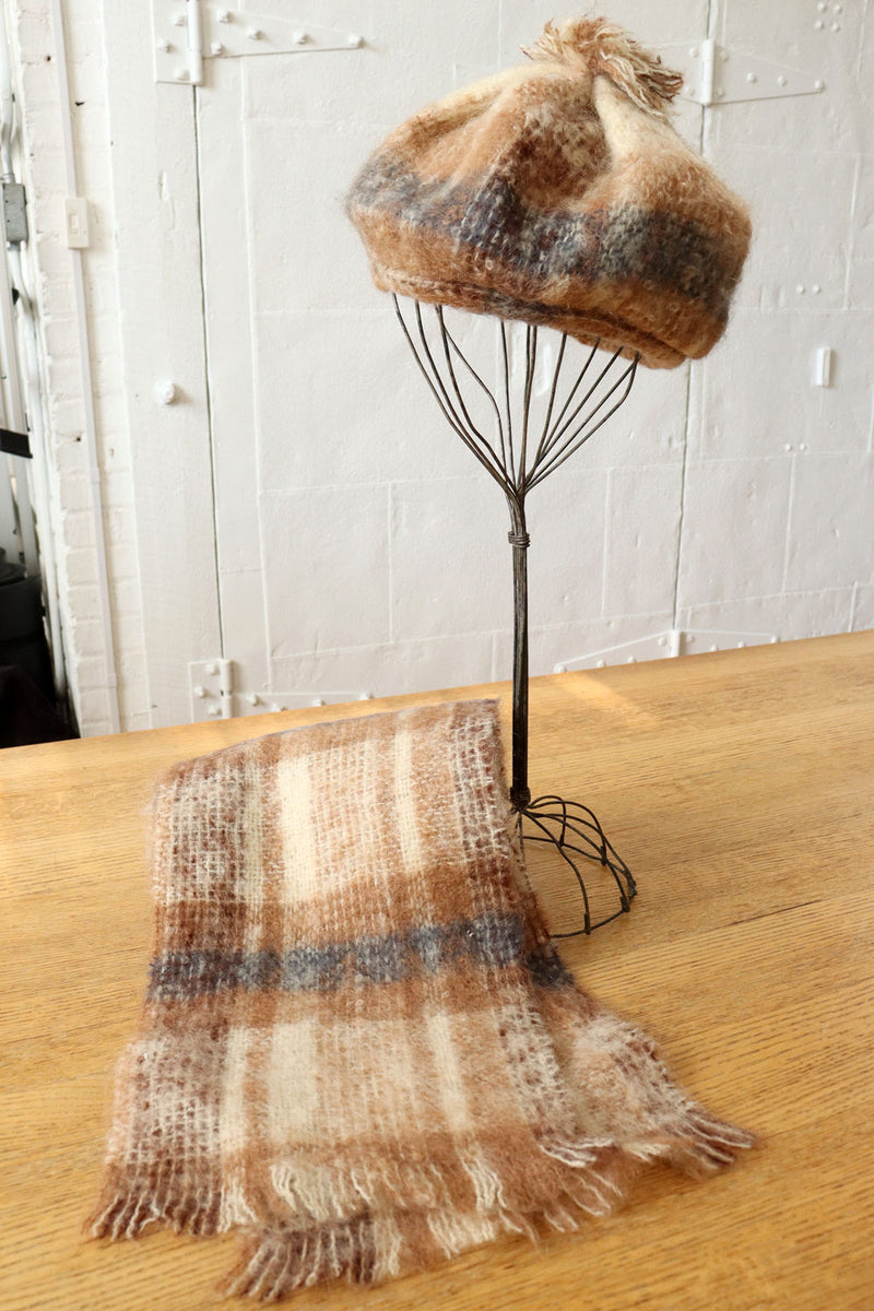 Donegal Mohair Latte Plaid Cap & Scarf Set