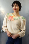 Handpainted Suede Trim Cream Sweater S/M