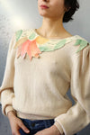 Handpainted Suede Trim Cream Sweater S/M