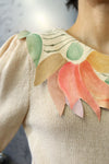 Handpainted Suede Trim Cream Sweater S/M