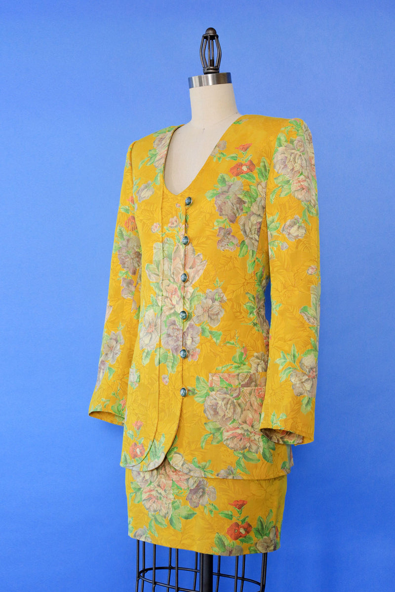 Ungaro Daffodil Brocade Mini Skirt Suit S/M