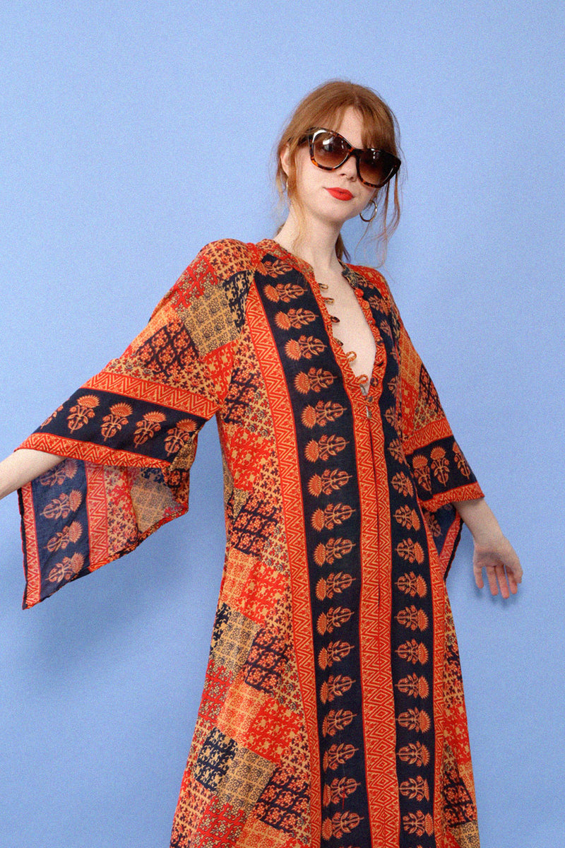 Kaiser Block Print Sweeping Cotton Caftan XS-M/L