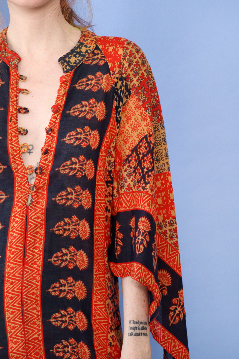 Kaiser Block Print Sweeping Cotton Caftan XS-M/L