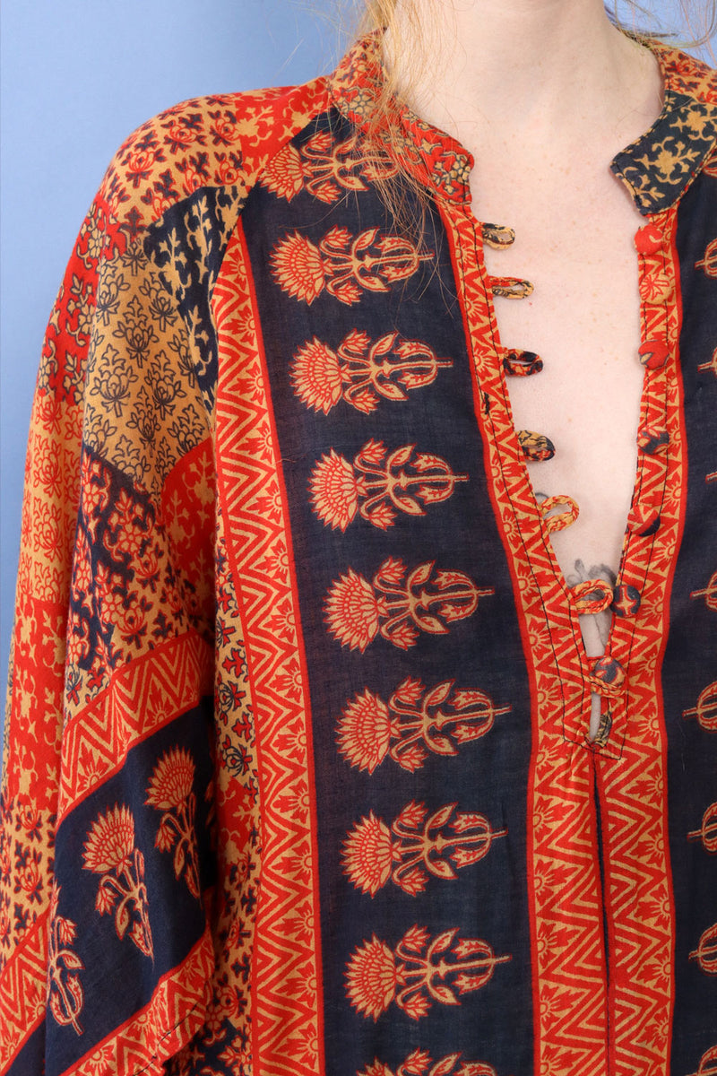 Kaiser Block Print Sweeping Cotton Caftan XS-M/L