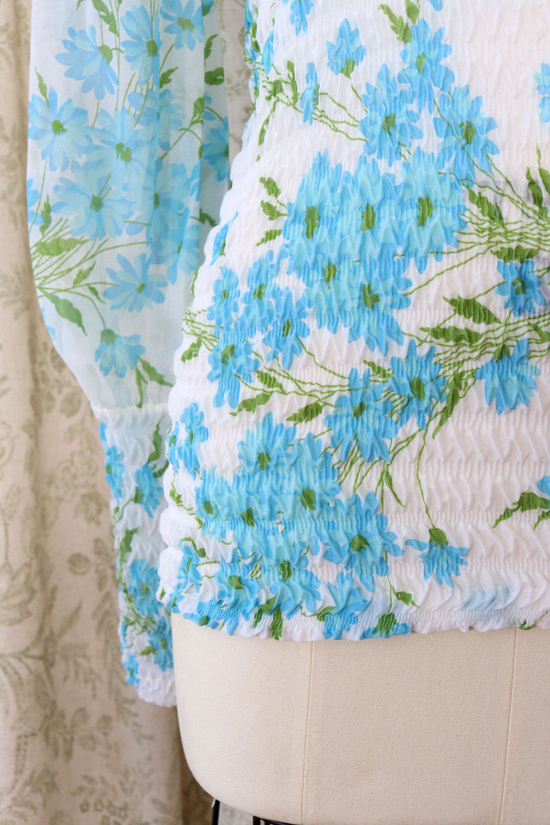 Sky Blue Floral Smocked Blouse L/XL