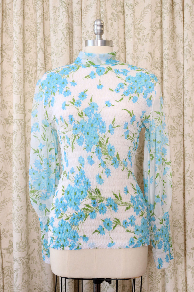 Sky Blue Floral Smocked Blouse L/XL