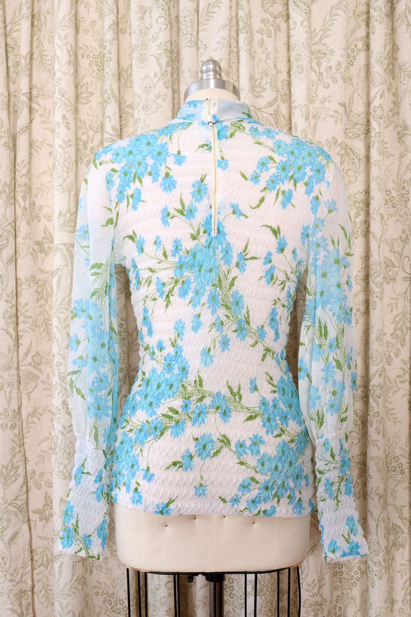 Sky Blue Floral Smocked Blouse L/XL