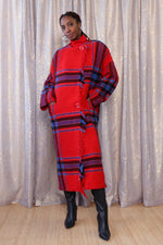 Ruby Plaid Fringed Blanket Coat S-L