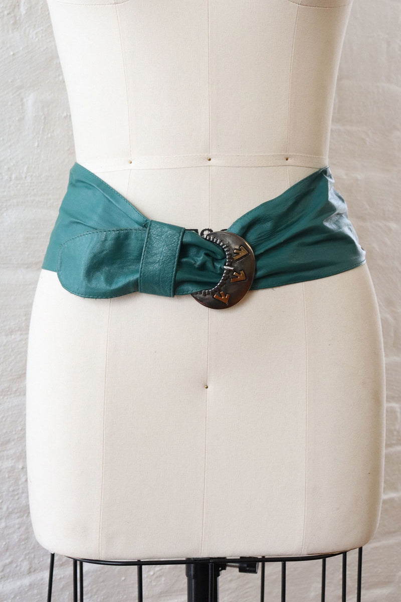 MCM Teal Leather Statement Cinch Belt