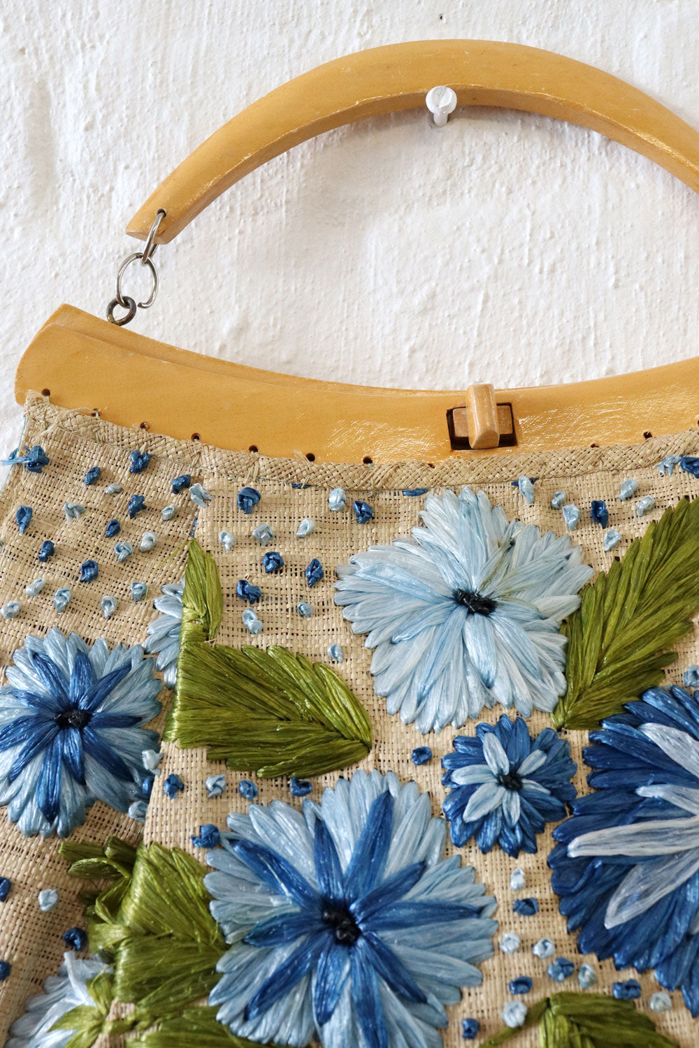 Wood Frame Raffia Embroidered Bag