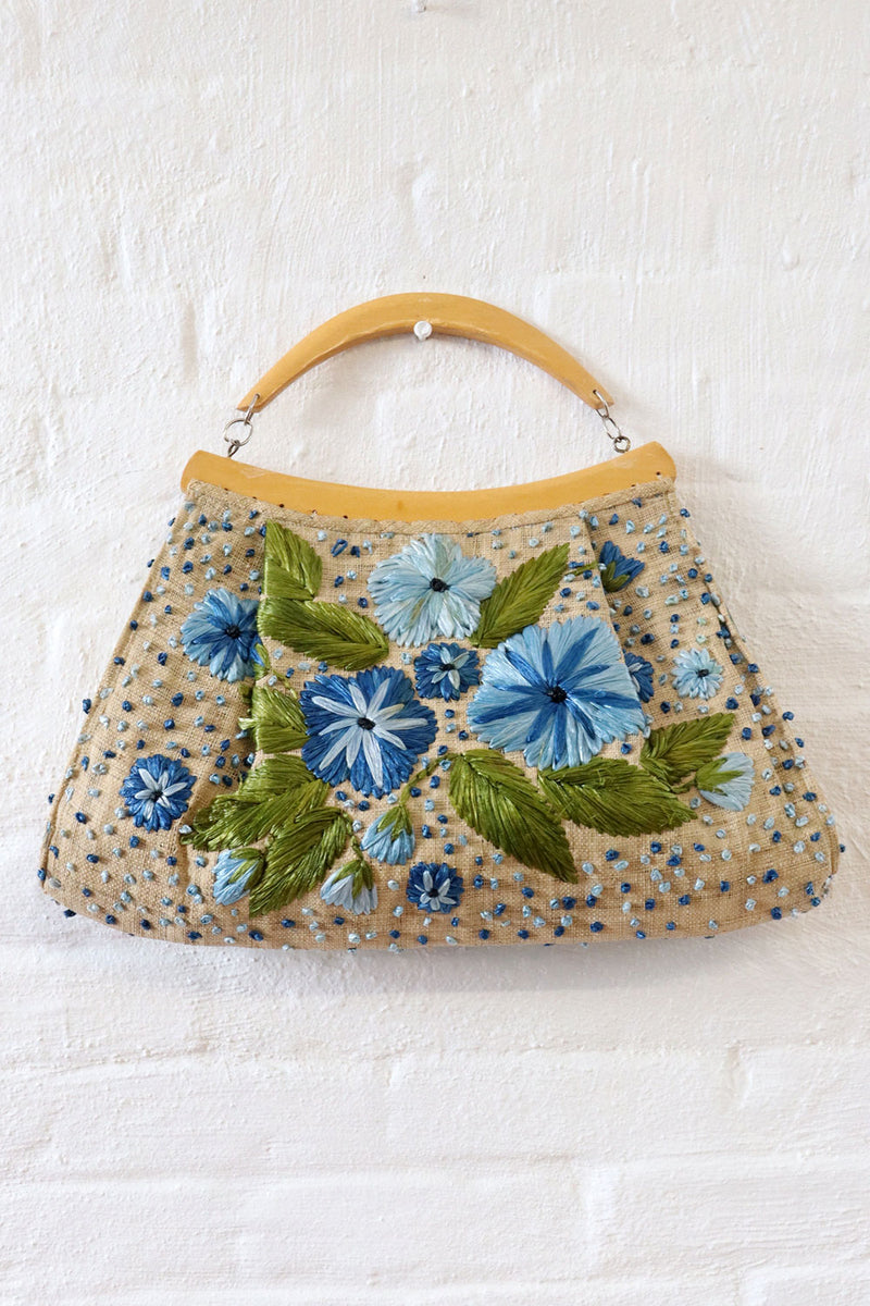 Wood Frame Raffia Embroidered Bag