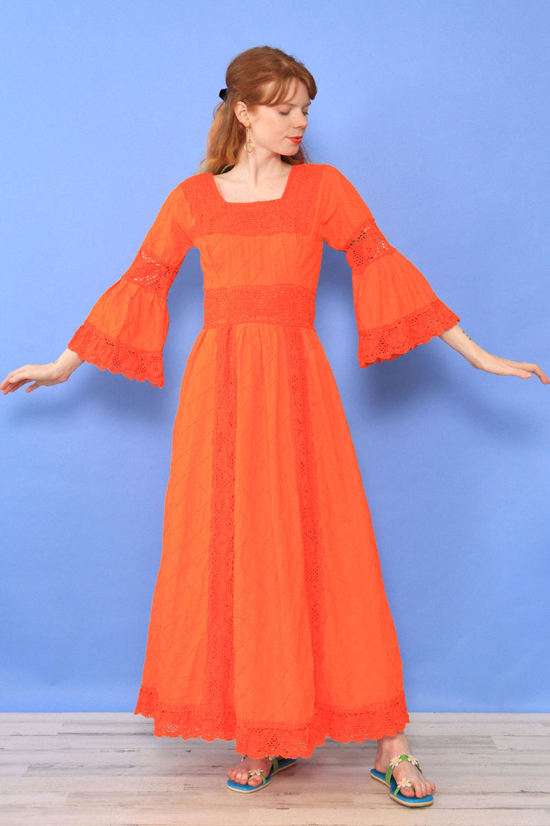 Tangerine Lace Trim Mexican Dress S