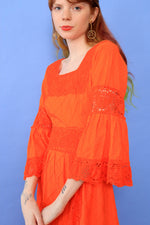 Tangerine Lace Trim Mexican Dress S